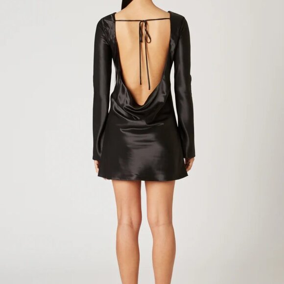 NIA KIM Black Satin Open-Back Mini Dress NWT XS — Bateau Neck, Cowl Back, Lined - Picture 3 of 6